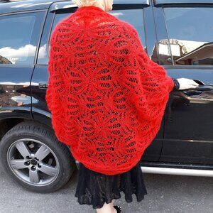 Hand-Knit Mohair Wrap – Vibrant Red – Oversized & Lightweight – One-of-a-Kind